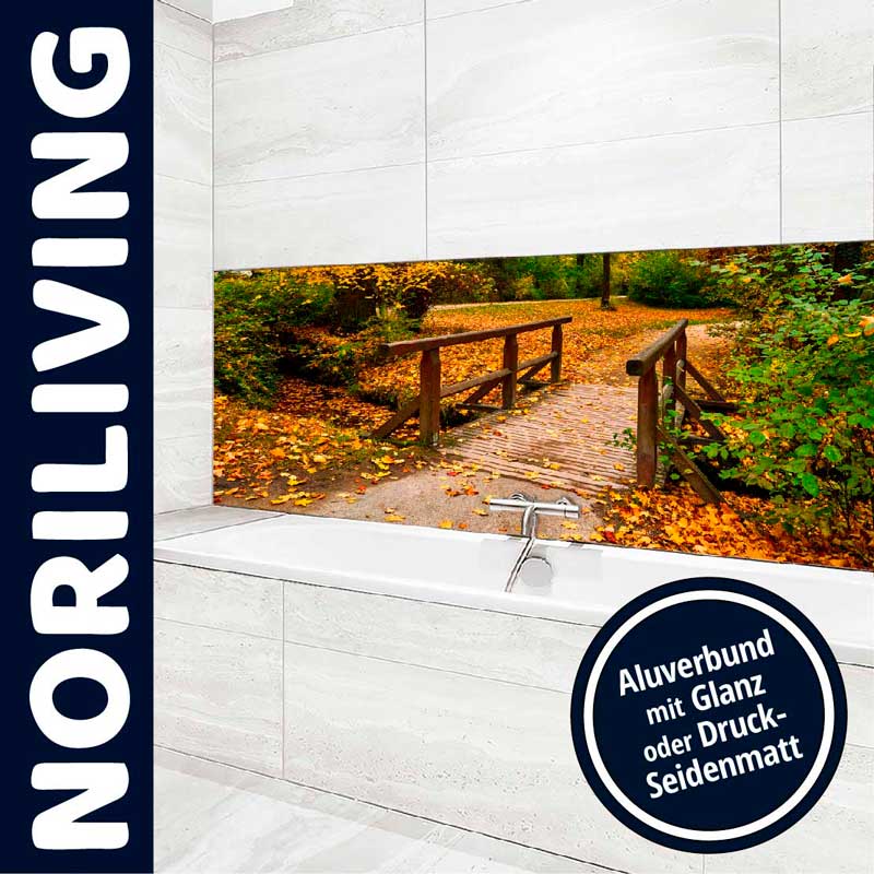Dekorative Aluverbund-Wandverkleidung mit herbstlicher Brückenlandschaft Moderne Badezimmerwandverkleidung mit einem Bild einer herbstlichen Brücke aus Aluverbund, erhältlich in Glanz oder Druck-Seidenmatt.