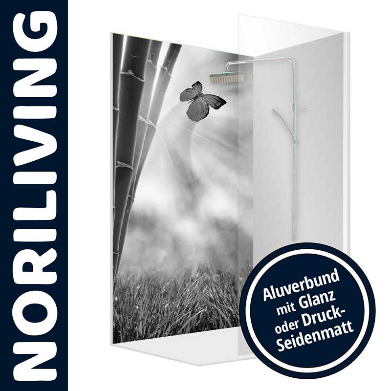 Duschtrennwand von Norliving mit einem Schwarz-Weiß-Design aus Bambus und Schmetterling, Aluverbund erhältlich in Glanz oder Druck-Seidenmatt.