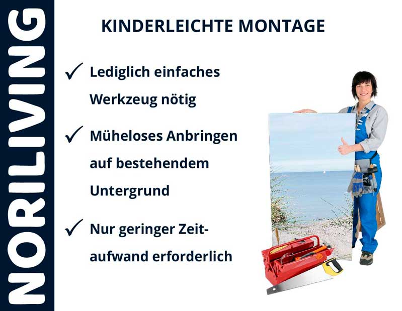 Werbung für Noriliving, zeigt kinderleichte Montage mit einfachen Werkzeugen, geringen Zeitaufwand und mühelosem Anbringen.