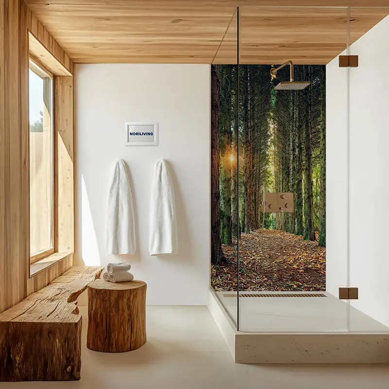Modernes Badezimmer mit Wald-Duschmotiv