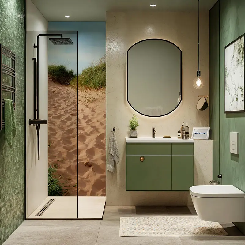Dusche mit Dünenwandbild und grüner Badmöbelzeile