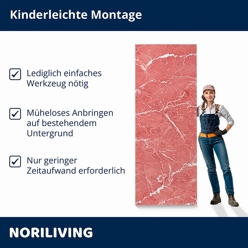 Montagehinweise neben roter Marmorfolie und Handwerkerin