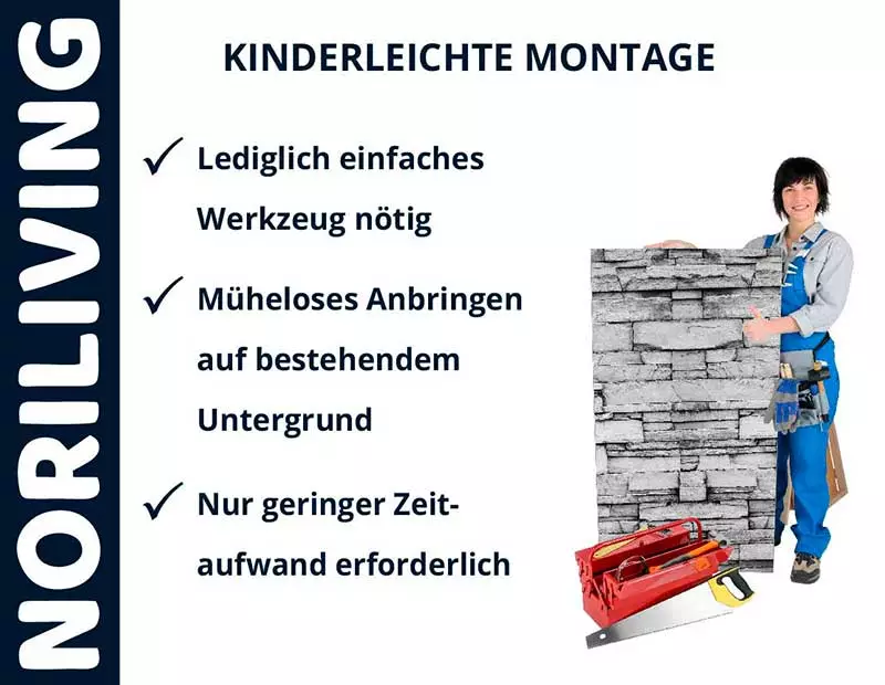 Wandverkleidung von Noriliving mit einfacher Montage, wenige Werkzeuge nötig, schnelle Anbringung