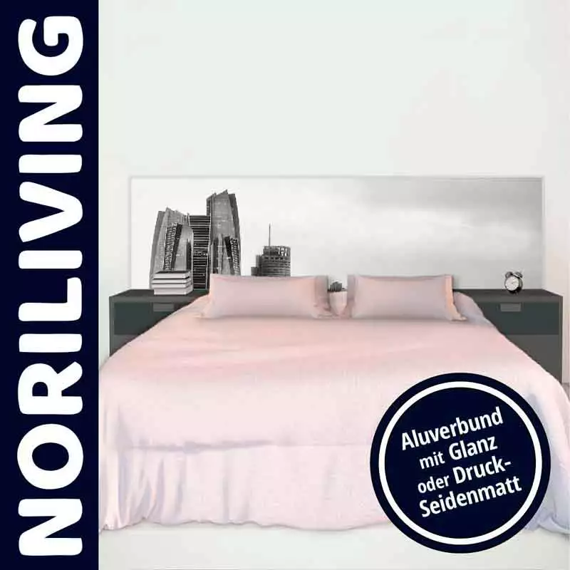 Modernes Bett von Noriliving mit Stadt-Skyline im Kopfteil, erhältlich in Glanz oder Druck-Seidenmatt.
