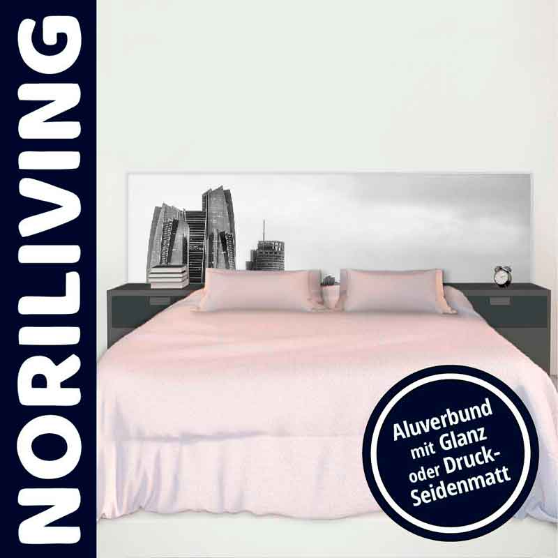 Modernes Bett von Noriliving mit Stadt-Skyline im Kopfteil, erhältlich in Glanz oder Druck-Seidenmatt.