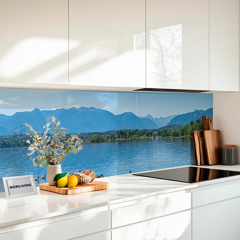 Küchenrückwand Echtglasoptik Profiline Alpenblick am Horizont und Enten auf dem See 734