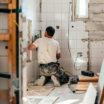 Ein Fliesenleger arbeitet in einem halbfertigen Badezimmer, umgeben von Werkzeugen und Baumaterialien.