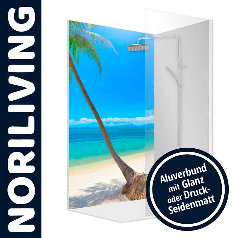 Norliving Duschwand mit Strandmotiv aus Alu-Verbund, Glanz oder Seidenmatt Duschwand von Norliving mit tropischem Strandmotiv, hergestellt aus Alu-Verbundmaterial, erhältlich in Glanz oder Druck-Seidenmatt