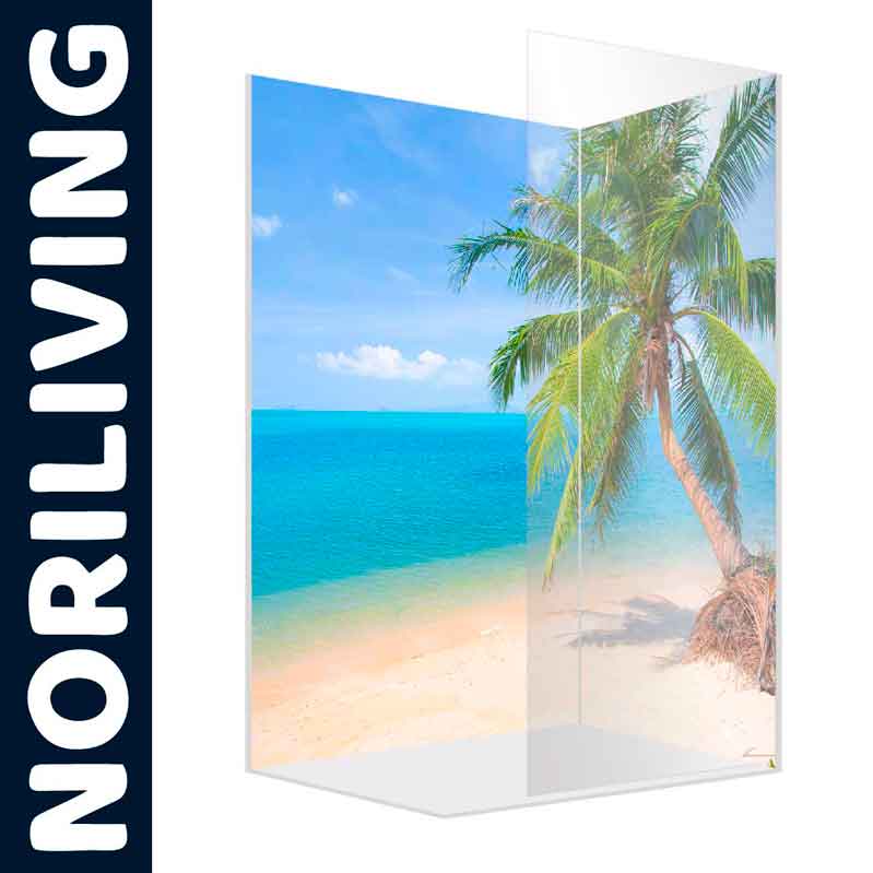 Duschabtrennung mit tropischem Strand- und Palmenmotiv