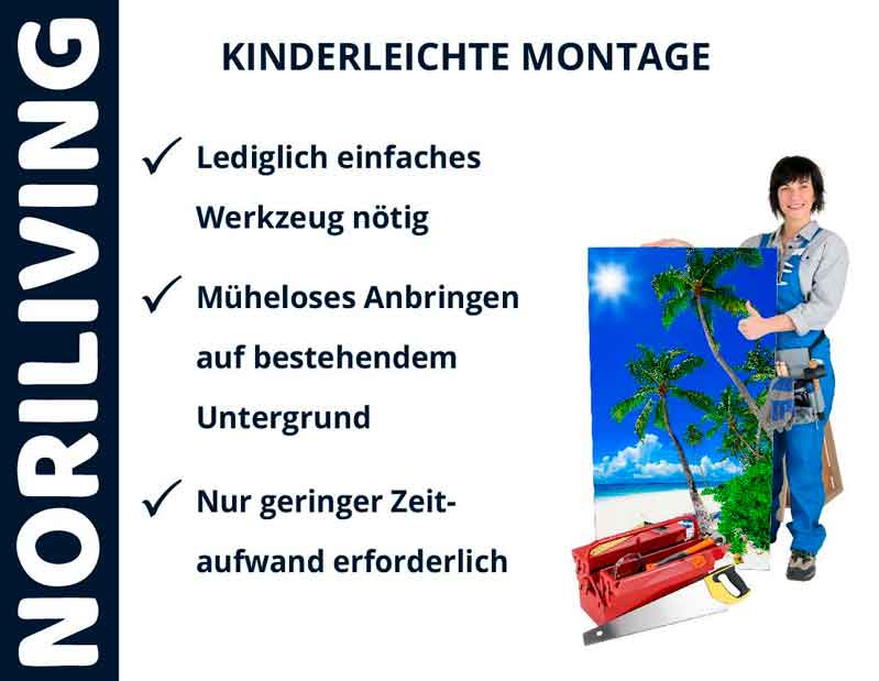 Plakat zur kinderleichten Montage von Noriliving Produkten mit Frau und Wanddekor.