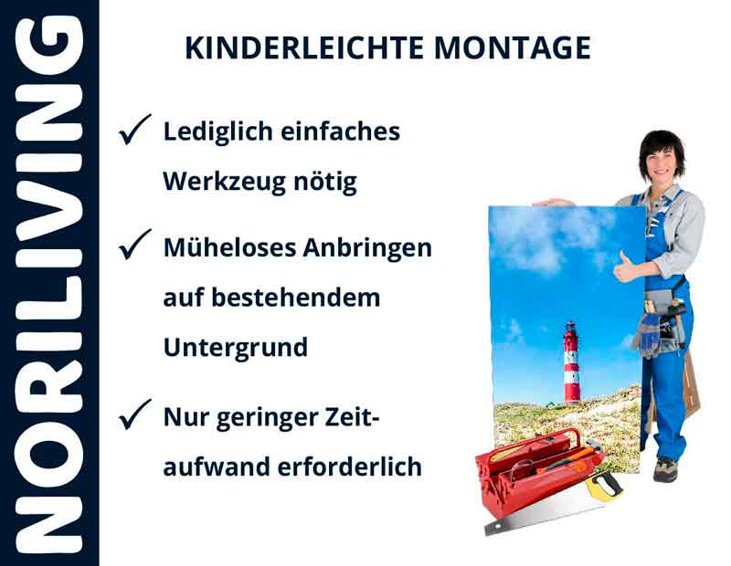 Frau mit Werkzeug präsentiert einfache Montage von NORILIVING-Wanddekoration mit Leuchtturmmotiv