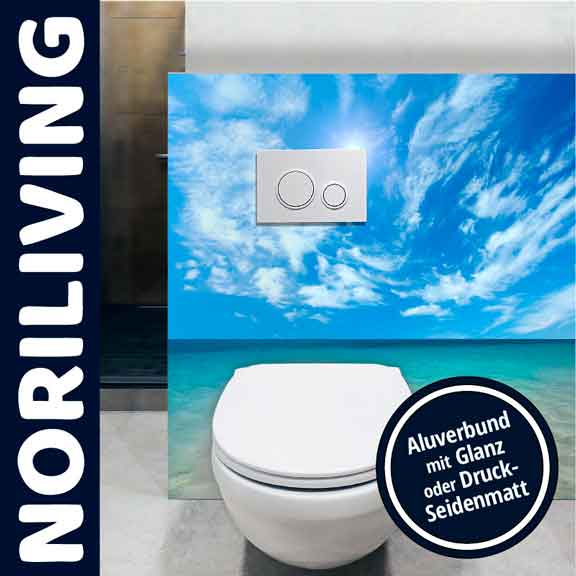 Toiletten Design mit Meeresmotiv und Spülplatte WC mit Aluverbund und Meeresansicht in glänzend oder seidenmatt