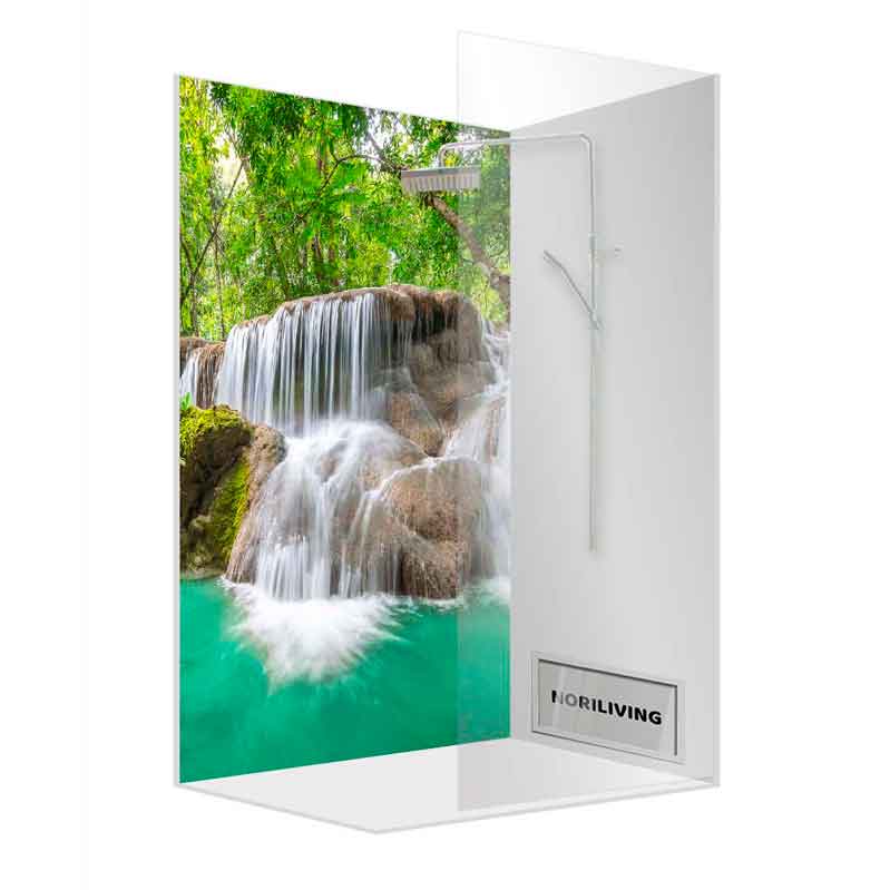 Duschwand mit Wasserfall-Motiv und klaren Trennwänden Duschwand mit Wasserfall-Motiv und klaren Trennwänden von HoriLiving