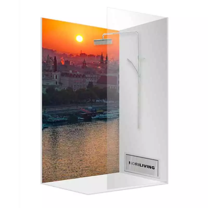 Elegante Duschkabine mit bedrucktem Stadtbild und Sonnenuntergang im Hintergrund, geeignet für moderne Badezimmer