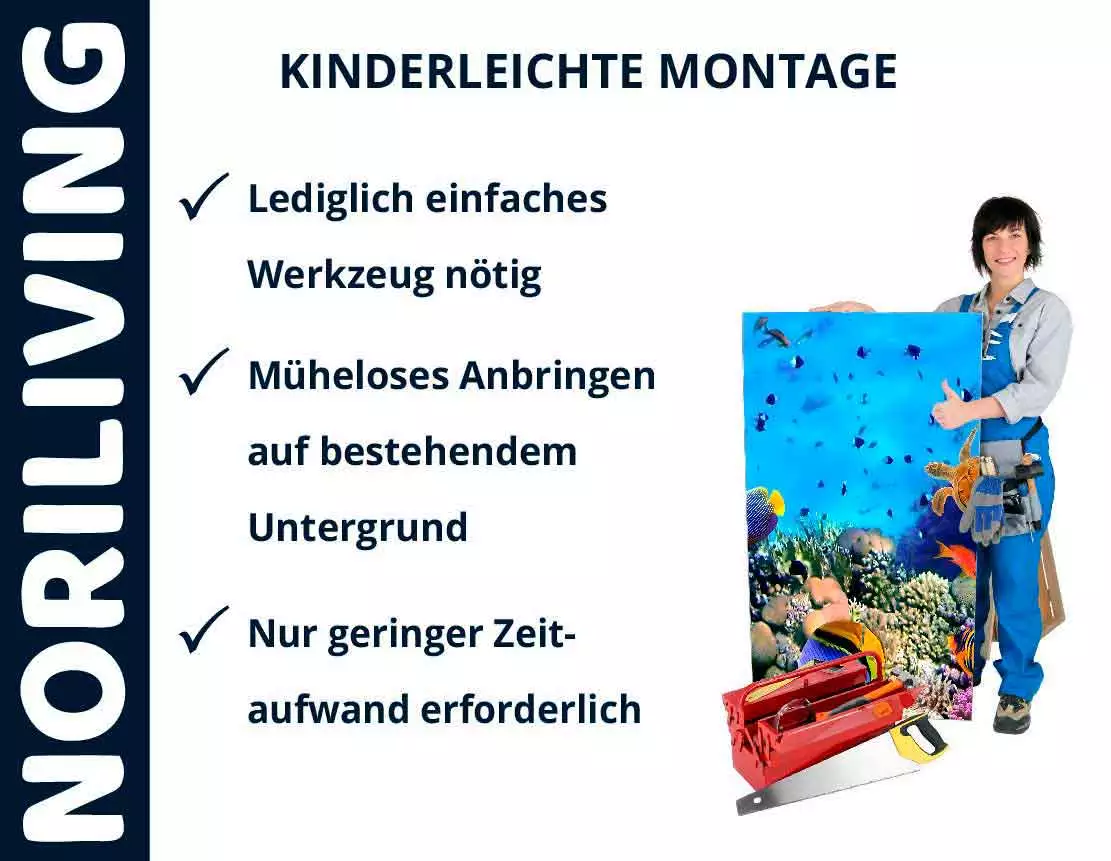 Frau mit Werkzeugkasten demonstriert kinderleichte Montage eines Unterwasserbildes von Noriliving