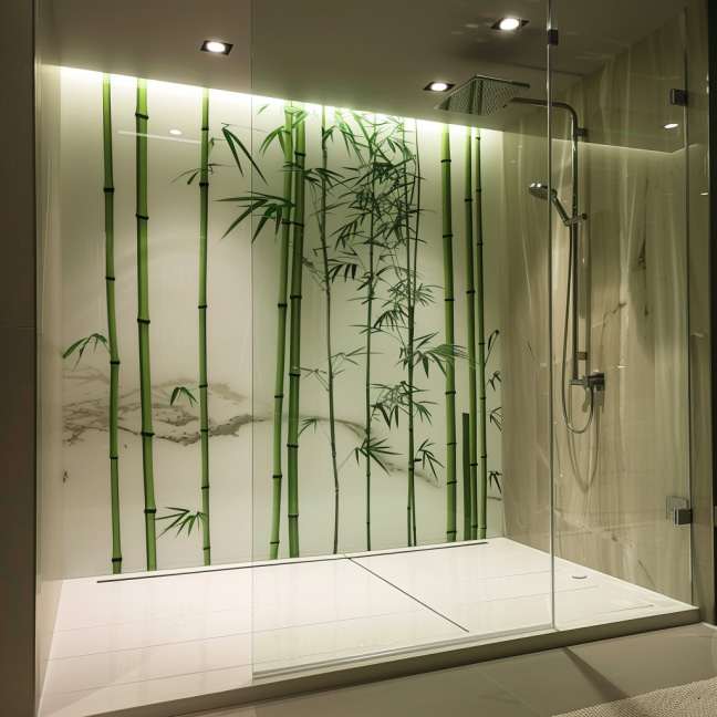 Elegante Duschkabine mit grünem Bambus-Design auf Glaswand und Regendusche