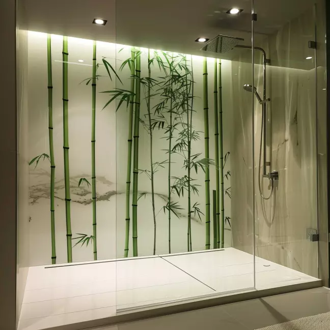 Elegante Duschkabine mit grünem Bambus-Design auf Glaswand und Regendusche