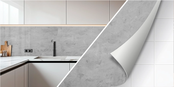 Küchenrückwand mit Betonoptik und abziehbarer Fliesenfolie Moderne Küche mit grauer Betonoptik an der Rückwand und abziehbarer Folie, die weiße Fliesen zeigt