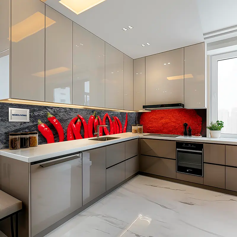 Helle U-förmige Küche, rote Chili-Dekoration