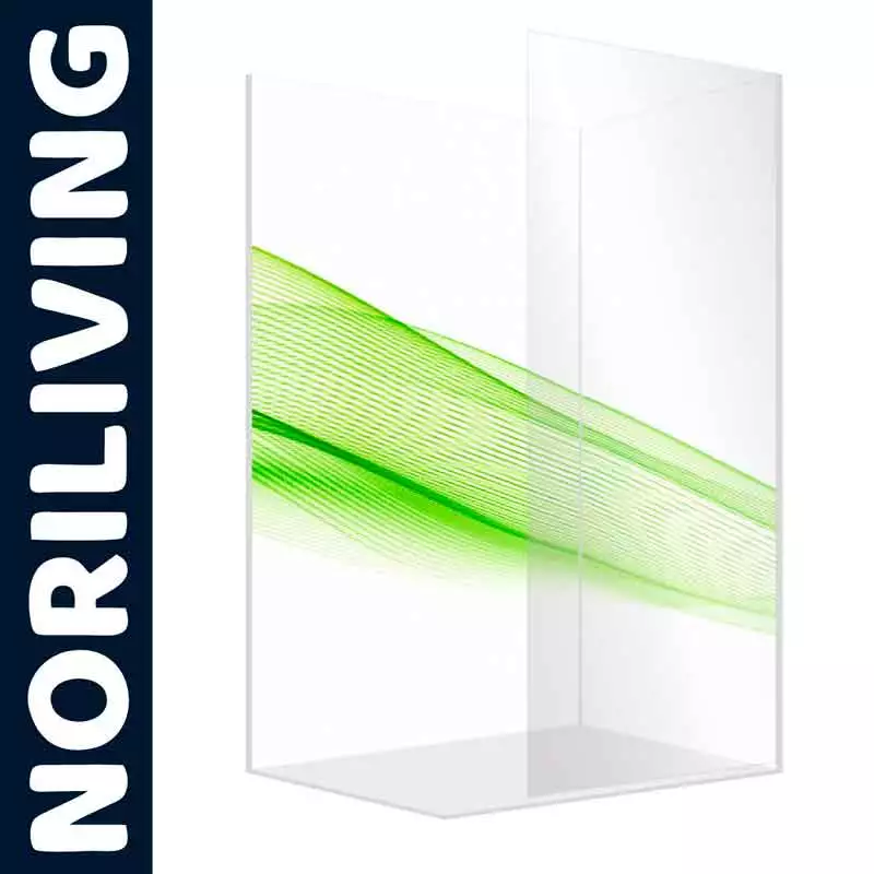 Moderne Duschabtrennung von NORILIVING mit einem grünen Designelement auf transparentem Glas