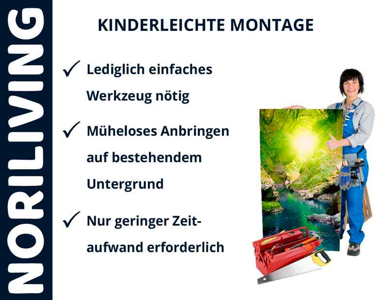 NORILIVING - Kinderleichte Montage mit einfachem Werkzeug NORILIVING-Werbung: Person präsentiert Bild mit Hinweisen auf einfache Montage, wenig Zeitaufwand und minimalem Werkzeugbedarf.