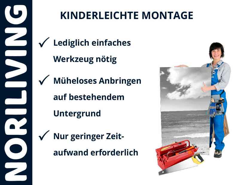 NORILIVING - Kinderleichte Montage mit minimalem Werkzeugaufwand NORILIVING-Werbung zeigt einfache Montageanleitung mit Person, die ein Bild und Werkzeugkoffer hält.