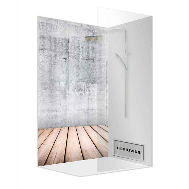 Moderne Duschkabine mit Holzoptik-Boden und grauer Betonwand Elegante Duschkabine mit stilvollem Holzoptik-Boden und grauer Betonwand