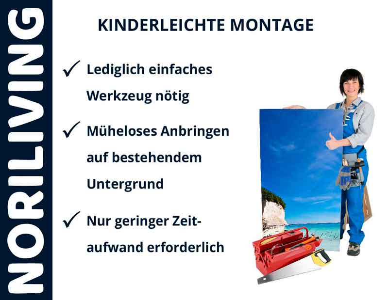 Ein Plakat von Noriliving zeigt eine Frau mit einem Bild und Montageanleitung: Lediglich einfaches Werkzeug nötig, müheloses Anbringen, geringer Zeitaufwand.