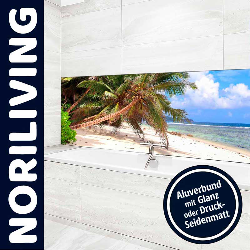 Moderner Badezimmer-Aluverbund mit tropischem Strandmotiv Badezimmer mit Aluverbund-Wandpaneel und tropischem Strandmotiv, glänzend oder seidenmatt erhältlich