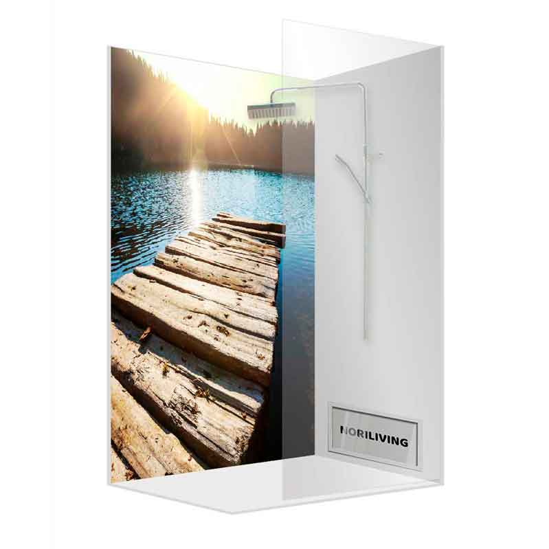 Moderne Duschkabine mit Naturmotiv und See Duschkabine mit Fotodruck eines Holzstegs im Sonnenuntergang am See