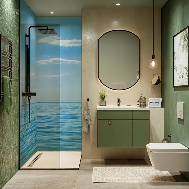 Grünes Bad mit Glasdusche, Meer-Motiv und Waschtisch