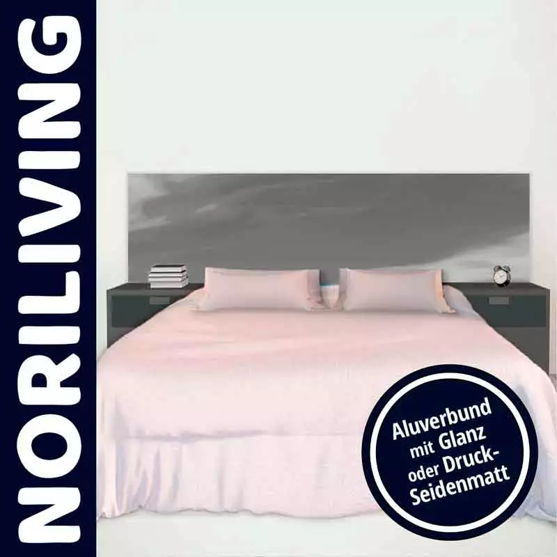NORILIVING Bett mit stilvollem Aluverbund-Kopfteil, umgeben von Nachttischen und dekorativen Elementen