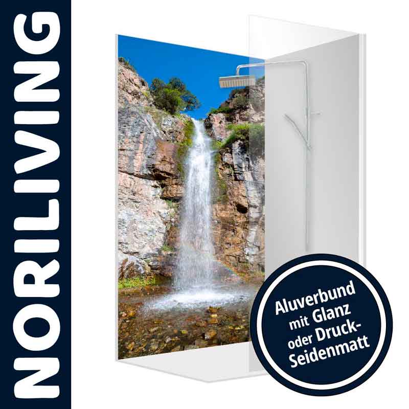 Duschwand mit Wasserfall-Motiv, Aluverbund in Glanz oder Seidenmatt von NORILIVING