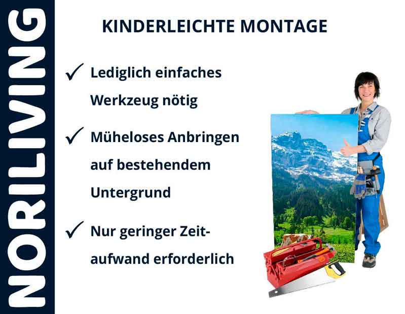 Person präsentiert Noriliving Produkt mit einfacher Montage, wenig Werkzeug nötig