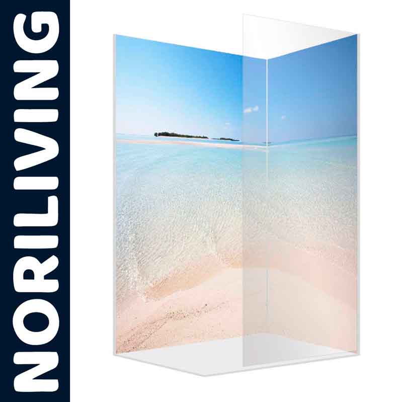 Noriliving Duschtrennwand mit Strandmotiv Transparente Duschtrennwand von Noriliving mit Insel- und Strandmotiv auf hellem Hintergrund