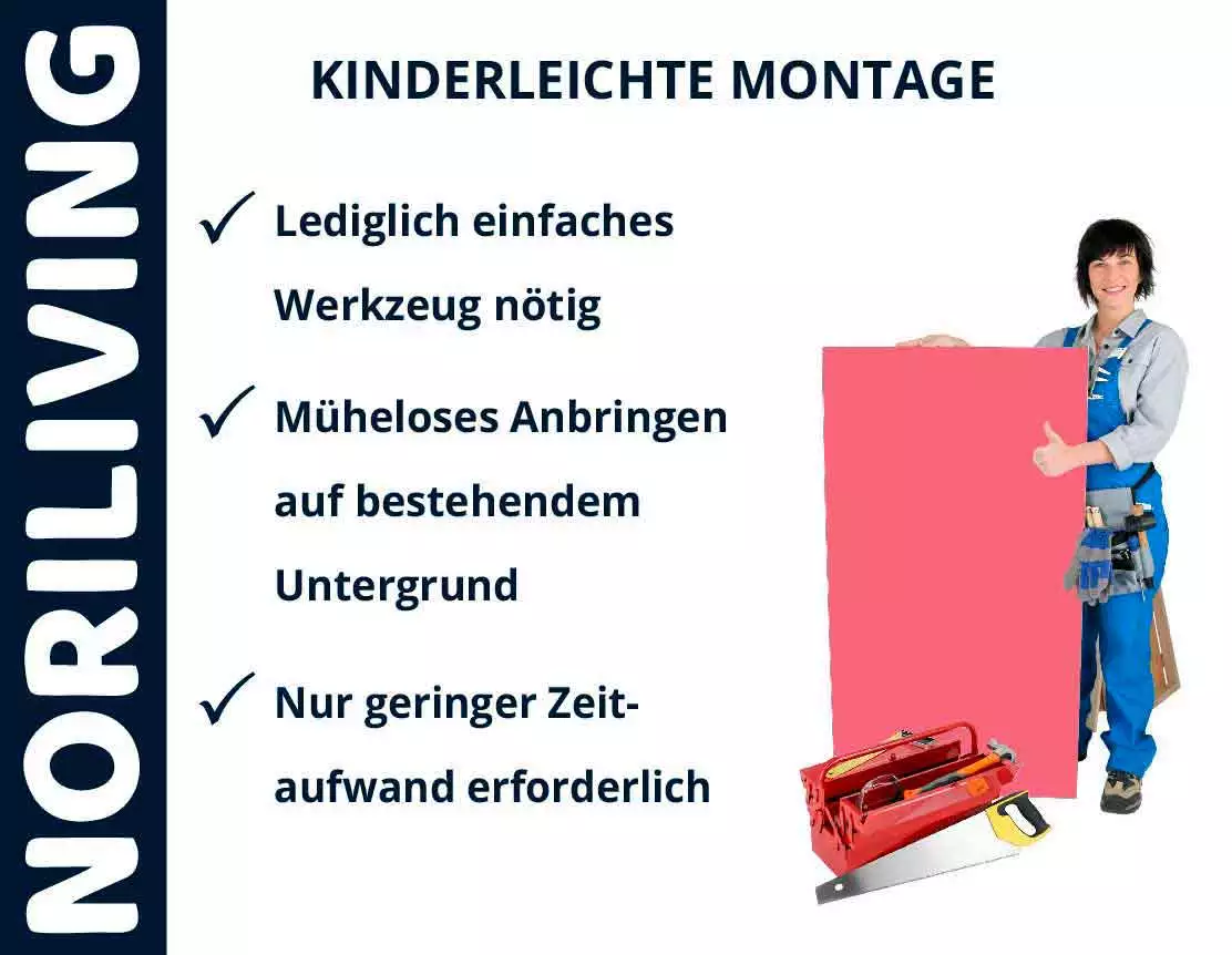 Werbung für NORILIVING mit einfacher Montageanleitung und Person in Arbeitskleidung