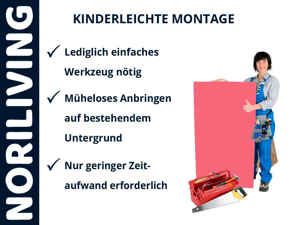 Werbung für NORILIVING mit einfacher Montageanleitung und Person in Arbeitskleidung