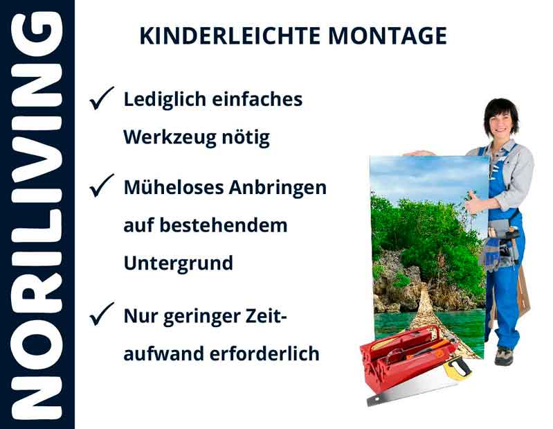Noriliving bietet kinderleichte Montage mit minimalem Werkzeug und Zeitaufwand Frau in Arbeitskleidung zeigt leichte Montage mit Noriliving-Produkten, die wenig Werkzeug und Zeit erfordert