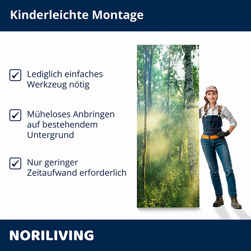 Fotoleinwand Waldmotiv neben Handwerkerin und Text