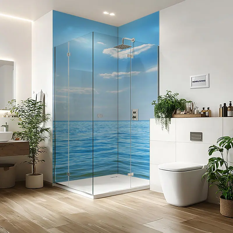 Eckdusche mit Glaswand, Meeres- und Himmelmotiv