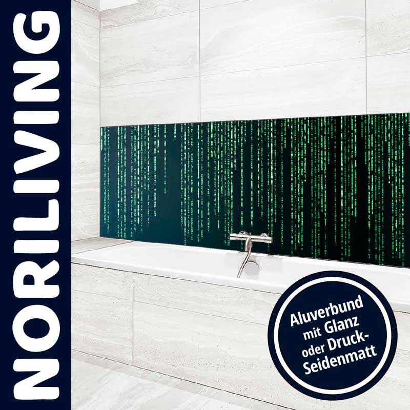 Badezimmer mit Aluverbundplatte im Matrix-Stil hinter der Wanne, wahlweise in Glanz oder Druck-Seidenmatt von NORILIVING