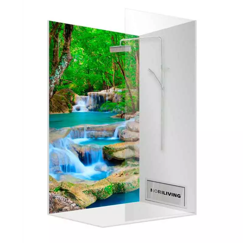 Moderne Duschkabine mit Glaswand und Wasserfallmotiv im Hintergrund