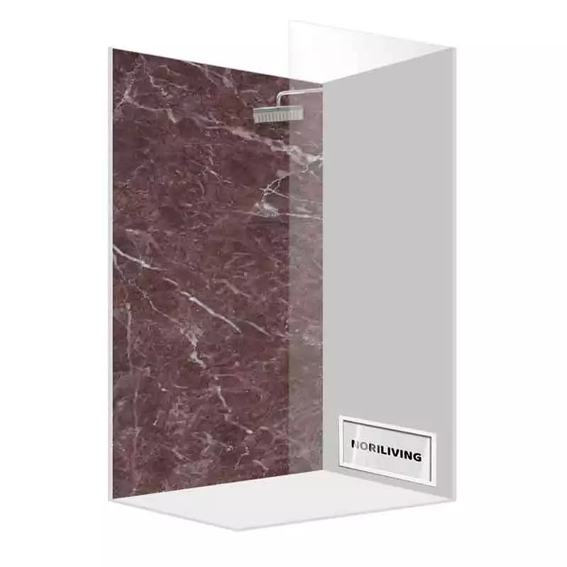 Duschkabine mit rotbrauner Marmorverkleidung und Glastür, NORILIVING-Logo sichtbar