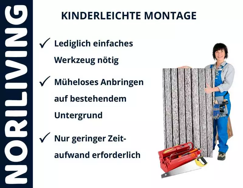 Frau zeigt kinderleichte Montage mit einfachen Werkzeugen von Noriliving, schneller und müheloser Aufbau auf vorhandenem Untergrund.