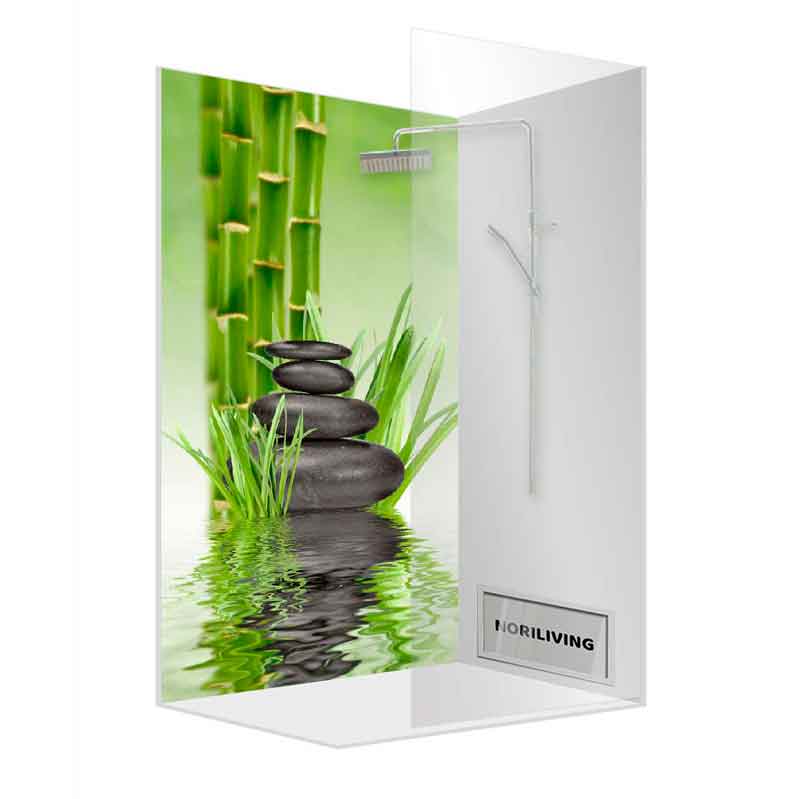 Duschkabine mit Zen-Steinen und Bambusmotiv auf der Rückwand