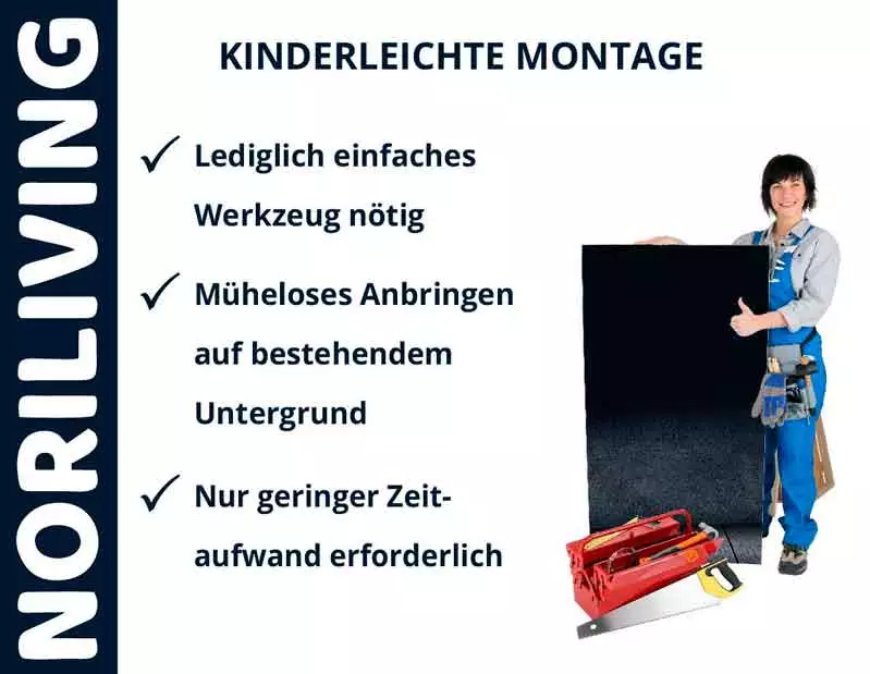 Person mit Werkzeugkasten zeigt kinderleichte Montage von NORILIVING-Produkt, benötigtes Werkzeug und kurzer Zeitaufwand hervorgehoben.