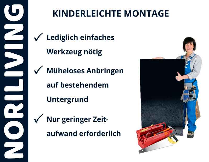 Person mit Werkzeugkasten zeigt kinderleichte Montage von NORILIVING-Produkt, benötigtes Werkzeug und kurzer Zeitaufwand hervorgehoben.