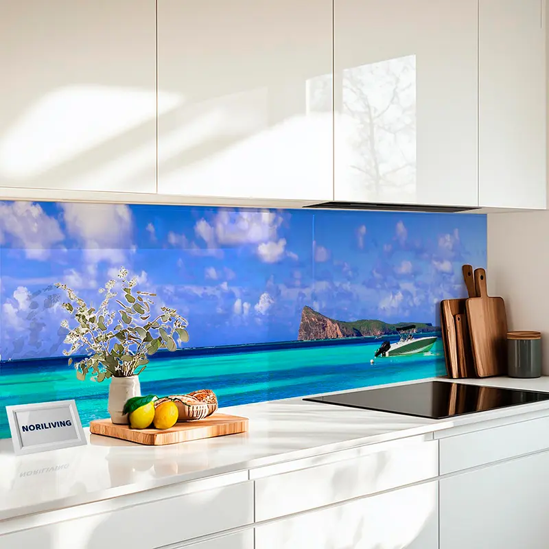 Küchenrückwand Alu Palmen und Boot am schönen Strand Mauritius 913