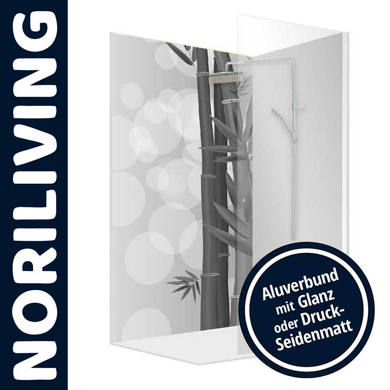 Transparente Duschwand mit Bambus-Motiv und Alu-Verbund von Norliving, erhältlich in Glanz oder Druck-Seidenmatt