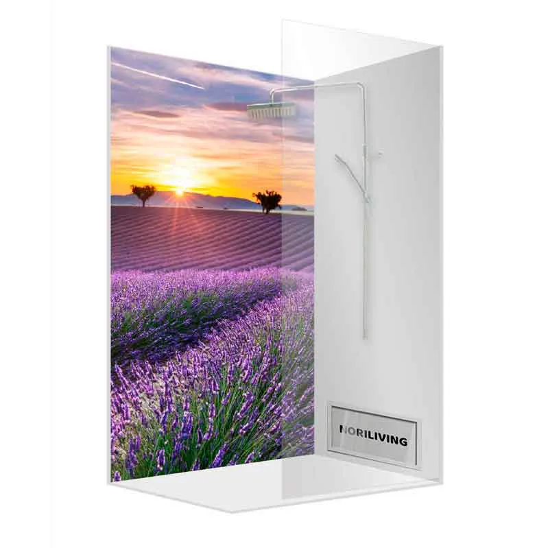 Duschtrennwand mit Lavendelfeld Motiv und Regenbrause
